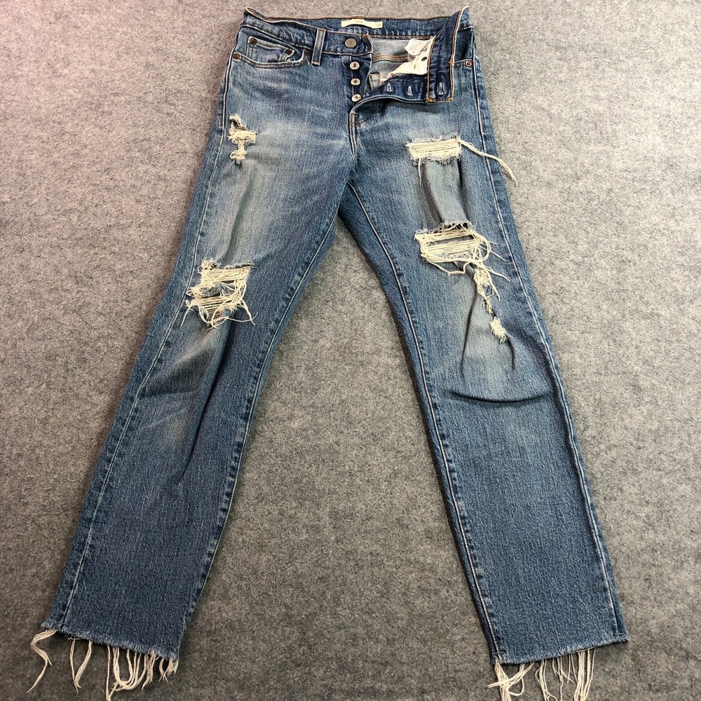 Levi's Womens Wedgie Straight Jeans 26 "BIG E" Blue Distressed High Rise Raw Hem